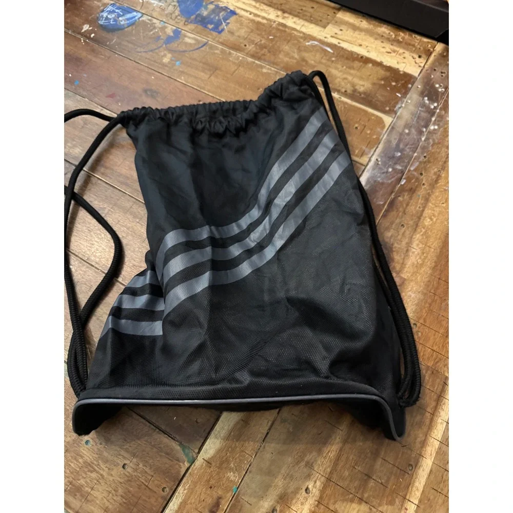 Adidas Drawstring Cinch Bag Black Gray 3-Stripe Sackpack Gym Sports Backpack